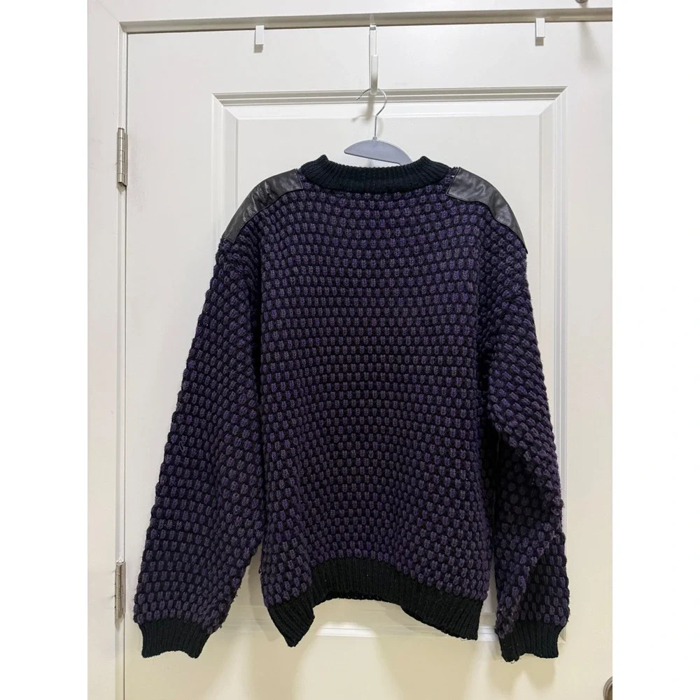 Street Scenes Vintage Mens XL Purple Black Popcorn Knit Leather Patch Sweater